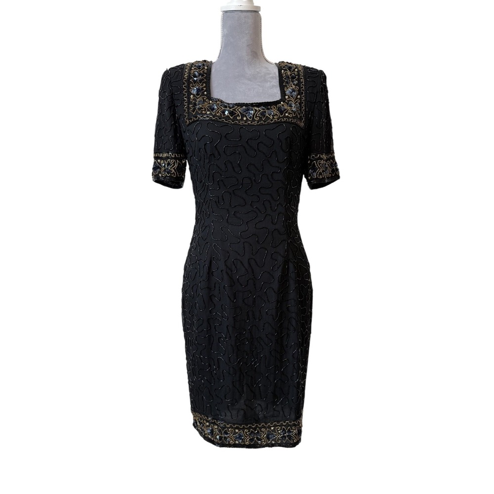 Vintage Stenay Black Gold Short-sleeve Sequin Beaded Sz 6 Cocktail Silk‎ Dress